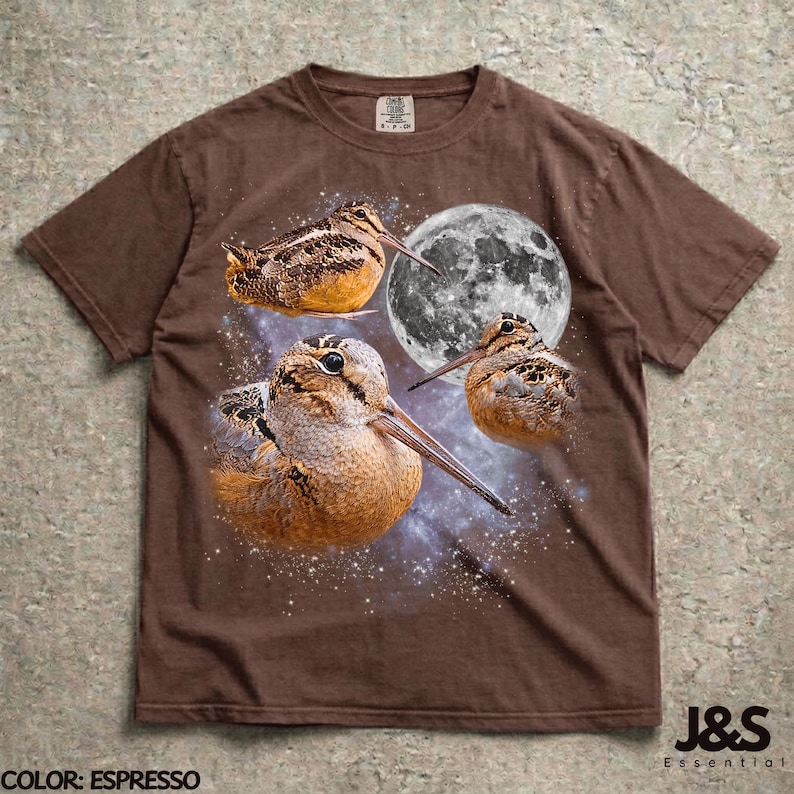 Three Meep Bird American Woodcock Moon Shirt, Vintage Timberdoodle Galaxy Tee, Retro Cosmic Woodcock Graphic Top, Birder Gift, Espresso