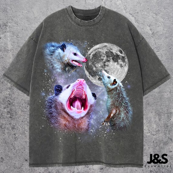 Three Opossum Retro Graphic T-shirts, Vintage Opossum Moon Tshirt, Possum Lovers, Funny Opossum Tee, Oversized Washed Tee, Silly Gift