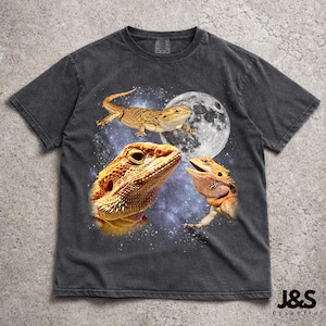 Skäggagam med tre måne-t-shirt, rolig ödla-grafik-t-shirt, vintage-t-shirt för reptilälskare, överdimensionerad drake-t-shirt för husdjur