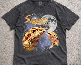 Camiseta con tres dragones barbudos y luna, camiseta divertida con estampado de lagarto, camiseta vintage de regalo para amantes de los reptiles, camiseta extragrande con diseño de dragón para ella.