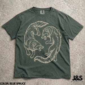 Vintage Wolf Shirt, Japanese Wolf Tee, Red Wolf Graphic Tee, Retro Tattoo Style Shirt, Minimalist Streetwear Tshirt Blue Spruce