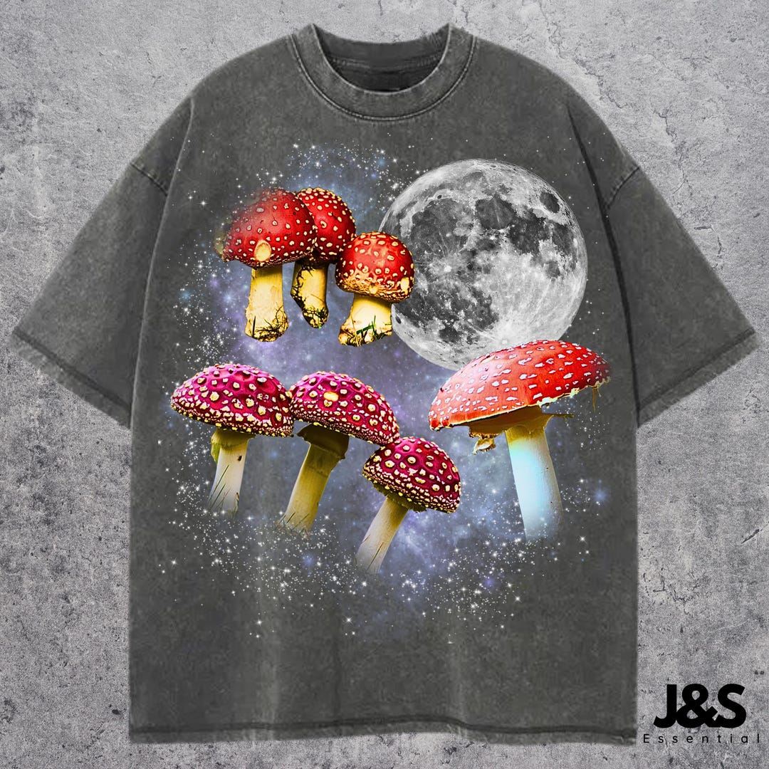 キノコのレトログラフィックTシャツ、ヴィンテージキノコムーンTシャツ