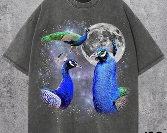 Three Peacock Retro Graphic Tshirt, Vintage Bird Moon Shirt, Oversized Peacock Tee, Funny Wildlife Top, Exotic Animal Gift for Him Her