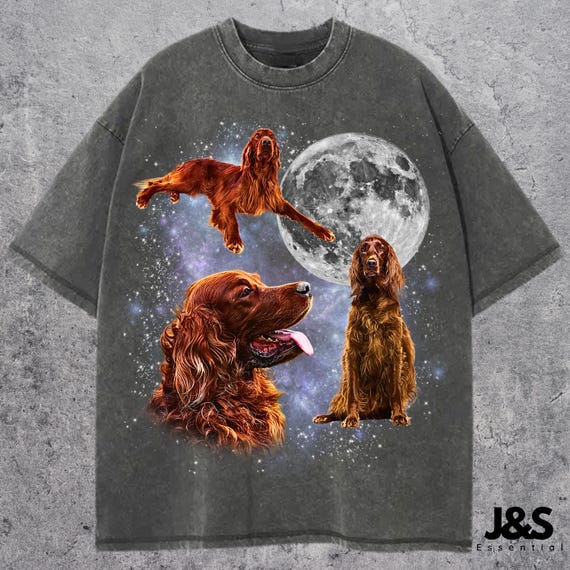 Three Irish Setter Moon Shirt, Red Setter Galaxy Tee, Space Bird Dog Lovers Top, Cosmic Hunting Dog Art, Gift for Irish Setter Owners
