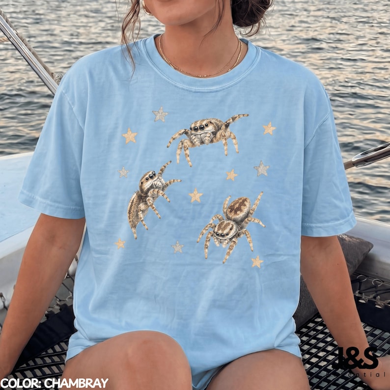Vintage Jumping Spider Shirt, Retro Arachnid Graphic Tee, Cute Spider Aesthetic Top, Comfort Colors® Bug Lover Gift, Artistic Y2K Chambray
