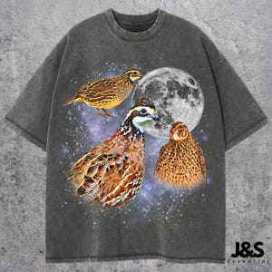 Può includere: T-shirt grigio scuro con una grafica di tre quaglie, una luna piena e uno sfondo stellato. Gli uccelli hanno piume marroni, nere e bianche. La maglietta ha un aspetto vintage.
