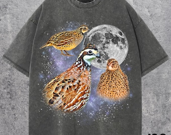 Shirt Three Quail Moon, Bobwhite Quail Lover-T-shirt, Game Bird Galaxy cadeau, vintage wash retro graphic top, natuurliefhebber huisdier vogeleigenaar cadeau