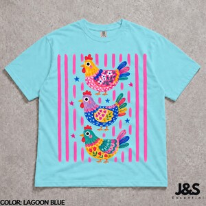 Colorful Chicken Tshirt, Floral Folk Art Hen Shirt, Cute Farm Animal Graphic Tee, Whimsical Comfort Colors Chicken Lover Gift Lagoon Blue