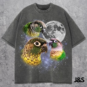 May include: Dark gray t-shirt featuring a graphic of three colorful parrot heads and a full moon against a starry background. The shirt has a vintage, washed-out look. The text "J&S Essential" is printed on the bottom right.