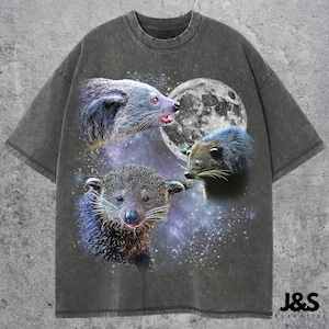 Könnte beinhalten: Dunkelgraues T-Shirt mit einer Grafik von drei Binturongs, einem Vollmond und einem Sternenhintergrund. Die Binturongs sind in Grau-, Blau- und Brauntönen dargestellt. Das T-Shirt hat einen Rundhalsausschnitt und kurze Ärmel. Das Markenlogo "J&S Essential" befindet sich unten rechts.