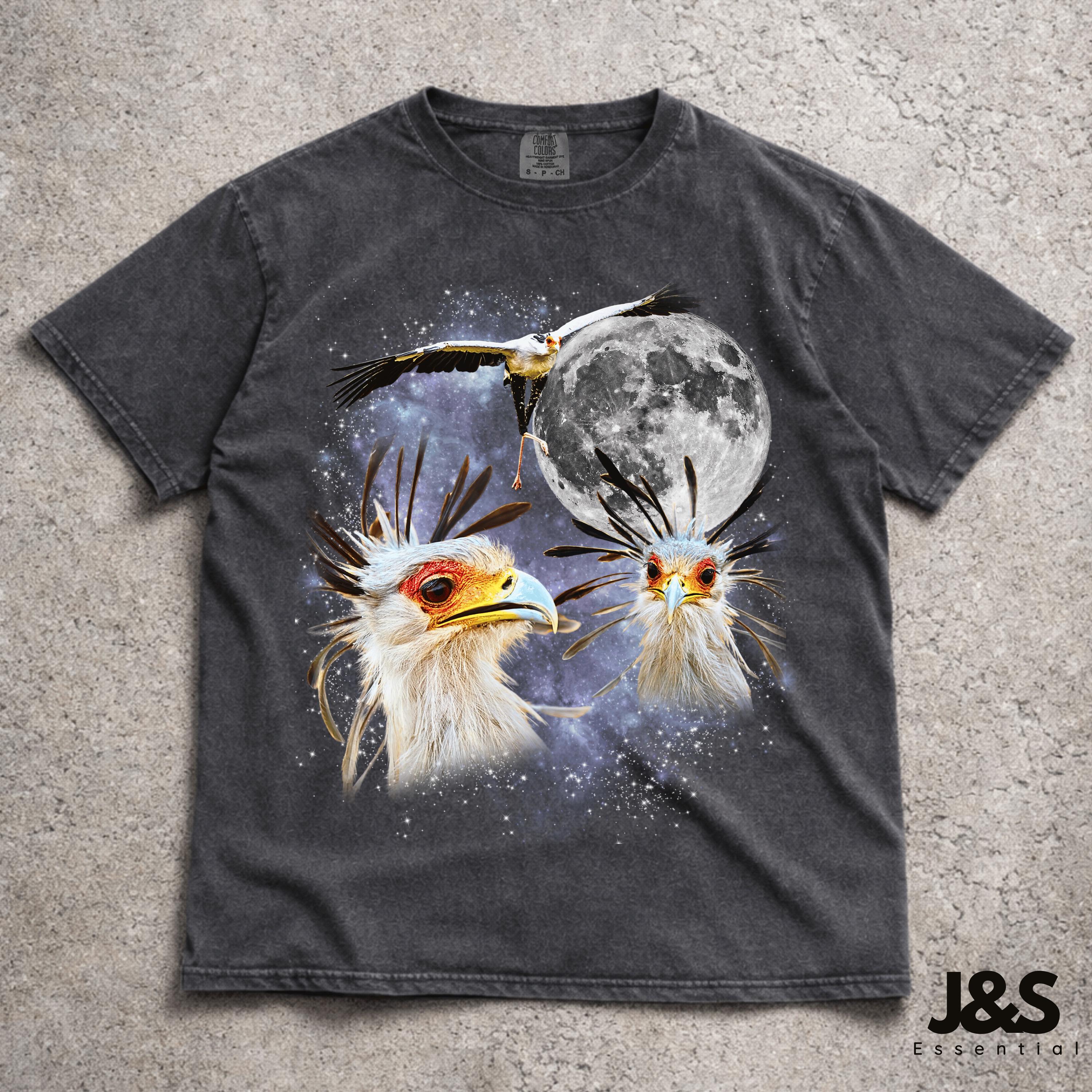 Three Secretary Birds Retro Graphic Tshirt, Vintage Bird Moon