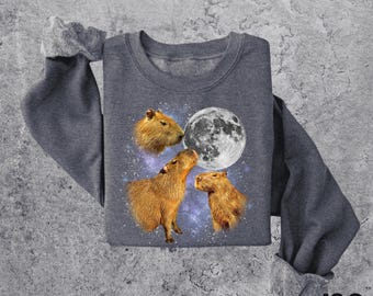 Three Capybara Moon Sweatshirt, Funny Capybara Crewneck, Cottagecore Animal Shirt, Cozy Wildlife Pullover, Cute Rodent Top,Nature Lover Gift