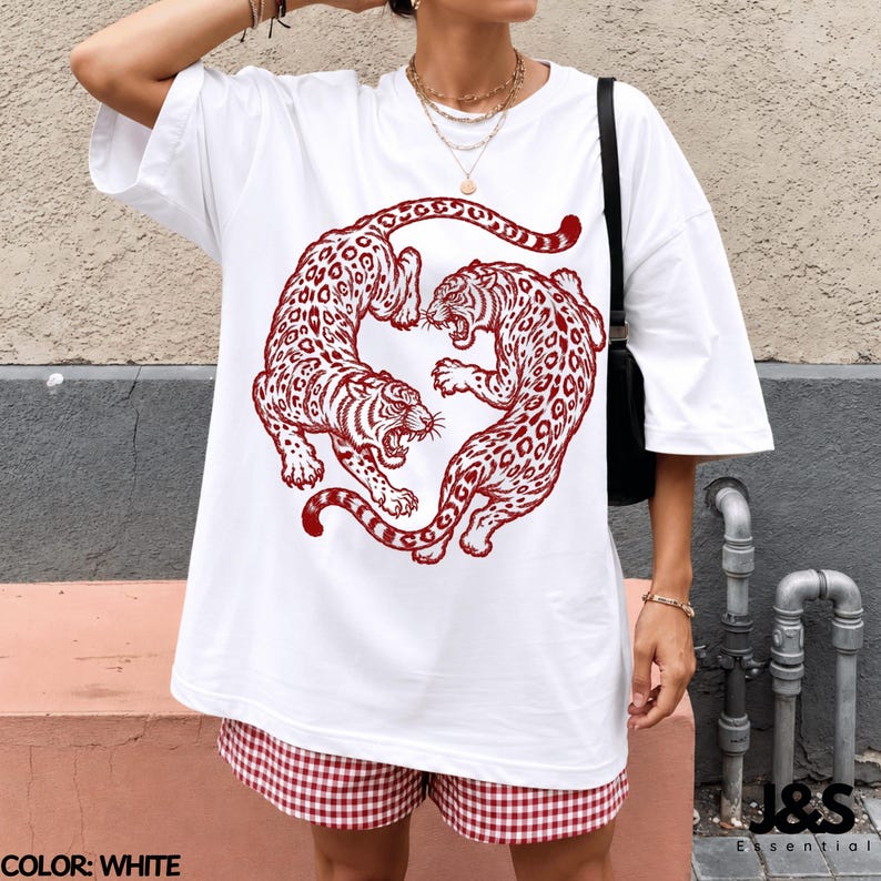 Vintage Snow Leopard Shirt, Japanese Snow Leopard Tee, Red Wild Cat Graphic Tee, Retro Tattoo Style Shirt, Minimalist Streetwear Tshirt White