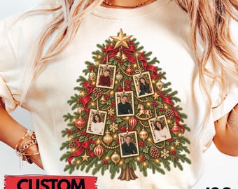 Custom Family Photo Christmas Tree Vintage 90s Tshirt, Personalized 6 Photo Ornament Shirt, Comfort Colors® Christmas Gift