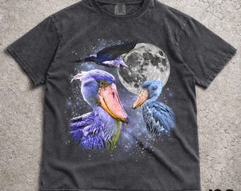 Three Shoebill Stork Graphic Tshirt, Vintage Bird Moon Tshirt, Funny Shoebill Shirt, Oversized Animal Tee, Exotic Bird Tshirt Gift