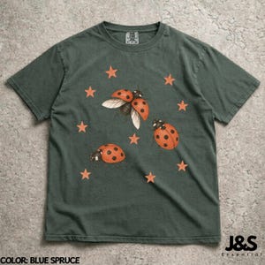 Vintage 90s Ladybug Shirt, Retro Star Graphic Tee, Ladybird Aesthetic Top, Comfort Colors® Nature Lover Gift, Artistic Y2K Cottagecore Bug Blue Spruce