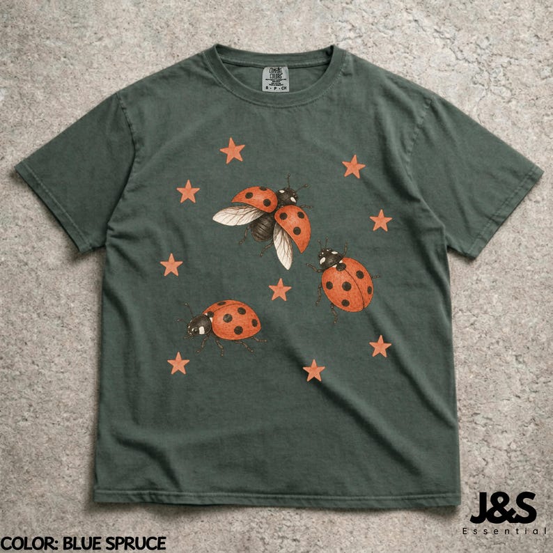 Vintage 90s Ladybug Shirt, Retro Star Graphic Tee, Ladybird Aesthetic Top, Comfort Colors® Nature Lover Gift, Artistic Y2K Cottagecore Bug Blue Spruce