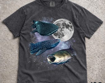 Three Whale Shark Retro Graphic T-shirts, Vintage Sea Creature Moon Tshirt, Whale Shirt, Funny Tee, Oversized Whale Shark Shirt, Whale Tee