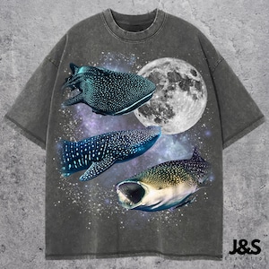 Three Whale Shark Retro Graphic T-shirts, Vintage Sea Creature Moon Tshirt, Whale Shirt, Funny Tee, Oversized Whale Shark Shirt, Whale Tee
