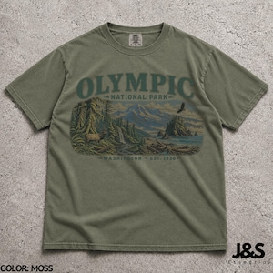 Camiseta del Parque Nacional Olímpico, camiseta de montaña costera de Washington, camiseta vintage de senderismo en la naturaleza, regalo de aventura del noroeste del Pacífico Moss