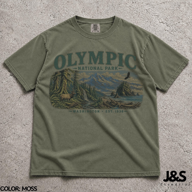 Camiseta del Parque Nacional Olímpico, camiseta de montaña costera de Washington, camiseta vintage de senderismo en la naturaleza, regalo de aventura del noroeste del Pacífico Moss