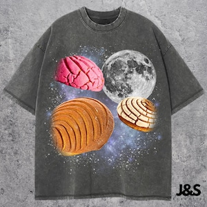 Tre Concha-bröd Månskjorta, mexikanskt sött bröd Galaxy-tröja, Pan Dulce Foodie-present, vintage tvättad latinamerikansk bagerigrafisk topp