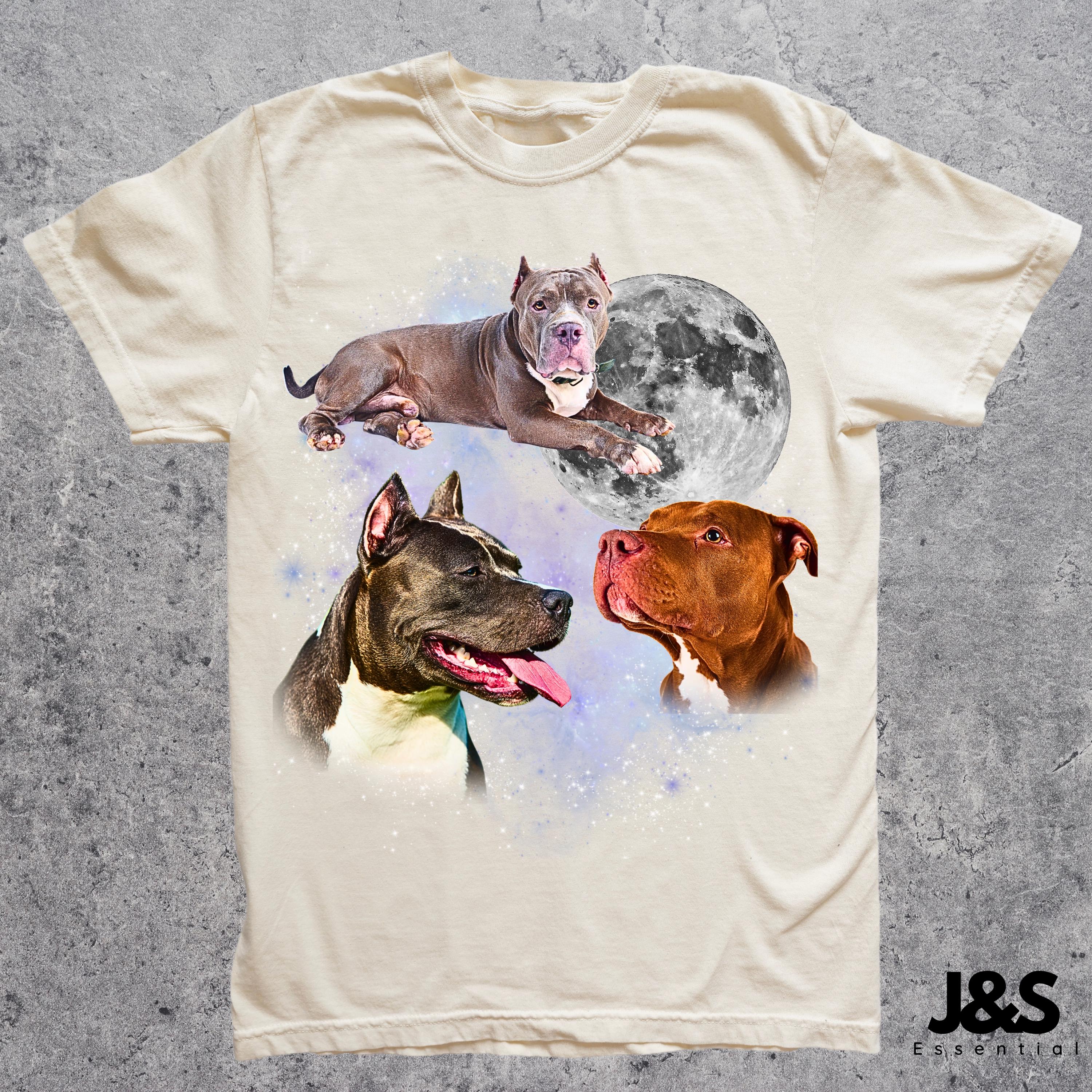 Three Pitbull Graphic T-shirts, Vintage Pitbull Moon Tshirt 