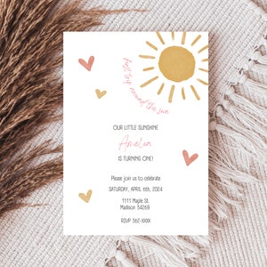 Eerste reis rond de zon verjaardagsuitnodiging, Sunshine thema verjaardagskaart, 1e verjaardagskaart, Our Little Sunshine Invite, zon thema uitnodigen