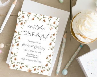 Isn’t She One-derful Birthday Invite, Flowed First Birthday Theme Invite, Girls Wildflower Invitation, Boho Flower First Birthday Invitation