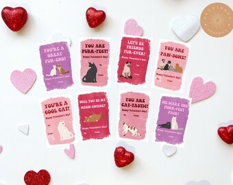 Puede incluir: Conjunto de ocho tarjetas de San Valentín imprimibles con gatos y juegos de palabras. Las tarjetas son rosas, moradas y rojas con texto blanco. Las tarjetas presentan frases como "¡Eres un gran amigo peludo!" y "¡Formamos la pareja perfecta!"