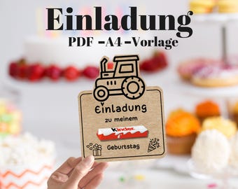 May include: A brown card with the text "Einladung" in black, followed by "PDF - A4 - Vorlage" in black. The card also features a black and white illustration of a tractor and the text "Einladung zu meinem Geburtstag" in black. A red and white Kinder chocolate bar is visible on the card.
