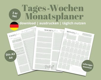 Könnte beinhalten: Ein Set aus drei druckbaren Planern auf salbeigrünem Hintergrund, bestehend aus Tages-, Wochen- und Monatsübersichten. Der Text lautet Tages-Wochen Monatspaner, download, ausdrucken, täglich nutzen, 3 er Set, Din A3 A4 und sofortiger download.