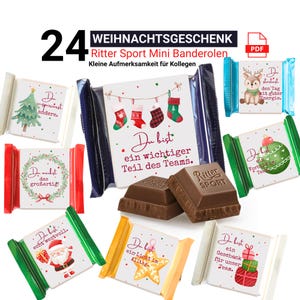 Könnte beinhalten: Eine Auswahl von 24 Ritter Sport Mini Banderolen Schokoriegeln, jeweils mit festlichen Designs und Botschaften. Das Bild zeigt weihnachtliche Illustrationen und deutschen Text, ideal zum Verschenken.