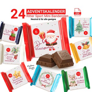 Könnte beinhalten: Ein Adventskalender mit 24 Ritter Sport Mini Banderolen Schokoriegeln. Jeder Riegel ist einzeln verpackt mit festlichen Designs, darunter eine Weihnachtsmann-Illustration, ein Weihnachtsbaum und andere weihnachtliche Grafiken. Der Kalender ist neutral und für alle geeignet.