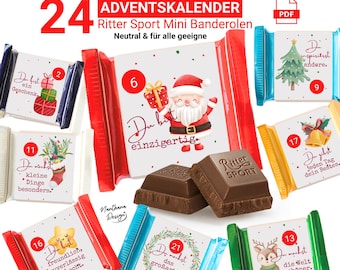 Adventskalender mit 24 Motiven Vorlagen zum Ausdrucken von Ritter Sport Mini Banderolen | Weihnachten DIY Adventskalender - Geschenkidee