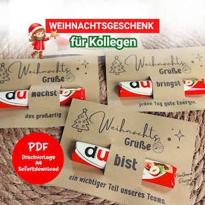 Puede incluir: Una colección de tarjetas de regalo navideñas con barras de chocolate Kinder Bueno. Las tarjetas son marrones con texto e ilustraciones en negro. El texto incluye "Weihnachts Grüße" y "für Kollegen". También es visible un círculo rojo con "PDF" y "Sofortdownload".