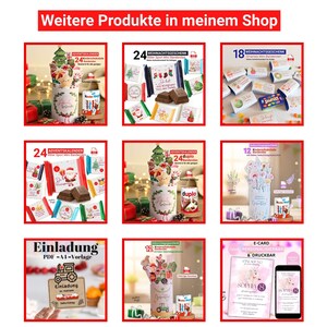 K&ouml;nnte beinhalten: Ein Raster von neun Produktbildern, darunter Adventskalender, Geschenksets und Einladungen. Die Bilder zeigen festliche Designs mit deutschem Text wie "Adventskalender" und "Weihnachtsgeschenk".