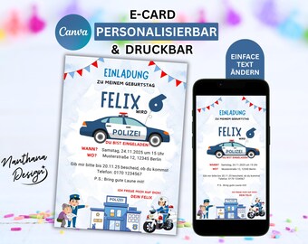 Police Birthday Invitation | Editable Canva Template | Police Party Card | A6 Invitation | Digital Download
