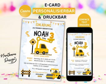Construction Worker Birthday Invitation | Editable Canva Template | Construction Site Party | A6 Card | Digital Download