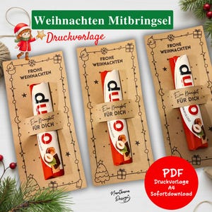 Könnte beinhalten: Drei Weihnachtskartenhalter mit Schokoriegeln, verziert mit festlichen Illustrationen und Text. Der Text enthält "Frohe Weihnachten" und "Eine Kleinigkeit Für Dich." Ein roter Kreis mit "PDF Druckvorlage A4 Sofortdownload" befindet sich unten rechts.