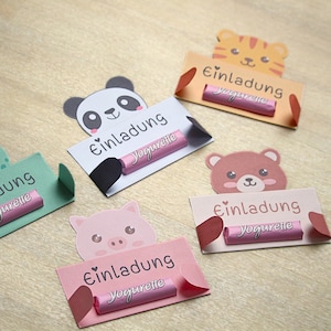 Tarjetas de invitación de cumpleaños de animales con porta dulces - Plantilla PDF