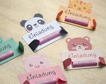 Birthday Invitation Cards with Animal Motifs and Candy Holder – PDF Template