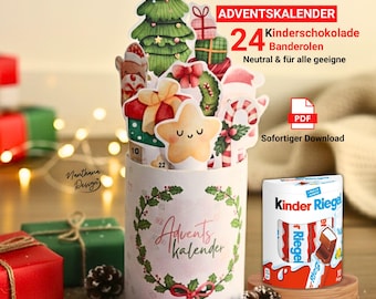 Kinderriegel Adventskalender mit 24 Motiven - Vorlage zum Ausdrucken von Kinderschokolade Banderolen, Weihnachten Diy Adventskalender