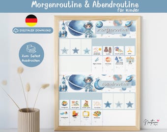 Peut inclure: Un tableau imprimable pour enfants sur le thème de l'espace. Le tableau est divisé en deux sections : la routine matinale et la routine du soir. Chaque section contient une liste d'activités avec des illustrations correspondantes. Le tableau est conçu pour aider les enfants à apprendre et à suivre une routine quotidienne.