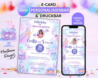 Mermaid Birthday Invitation | Editable Canva Template | Under the Sea Party | A6 Card | Digital Download