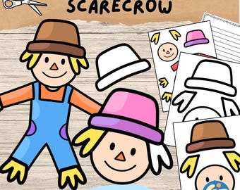 May include: A colorful craft kit with the text "BUILD A SCARECROW." The kit includes a cartoon scarecrow, hats, and sheets with scarecrow faces. The words "Cut&Paste + Coloring+ Writing" are at the bottom. Scissors are at the top.
