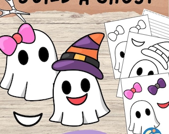 May include: A Halloween-themed craft kit with the text "BUILD A GHOST". The image features two cartoon ghosts, one with a pink bow and the other with a witch hat. Includes cut-and-paste, coloring, and writing activities.