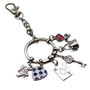 PERSONALIZE Alice in Wonderland Charm Keychain: Chess Heart, Teacup, Add Initial Charms