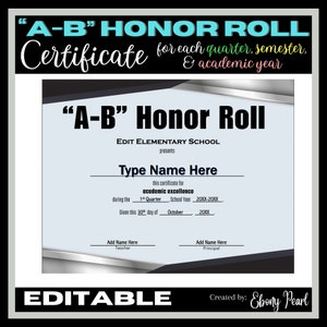 New! Editable &quot;A-B&quot; Honor Roll Certificate #1 | each Quarter, Semester, & EOSY