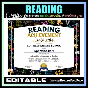 May include: A black and white certificate with the words "READING ACHIEVEMENT Certificate" in large, bold letters. The certificate is designed for outstanding reading achievement and includes editable fields for the student's name, school year, and date.